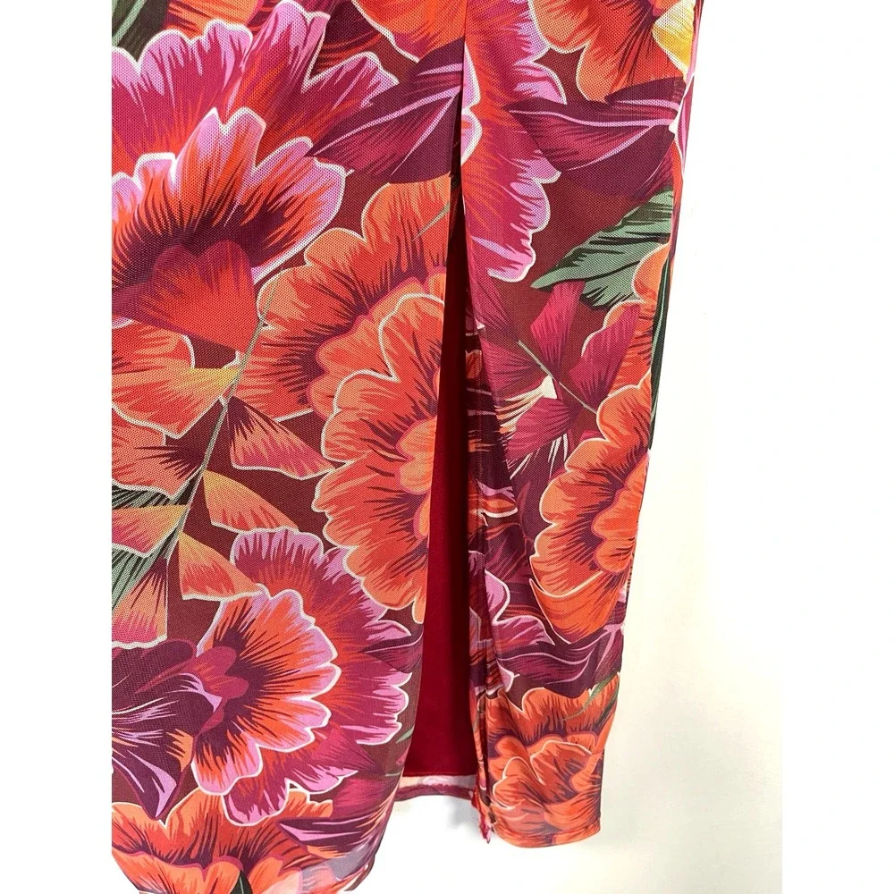 NWT Womens Ruched Peony Floral Midi Skirt L Slit Mesh Strechy Tropical Resort‎